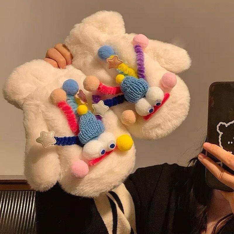 手套女冬季保暖手套卡通连指手套毛绒护手套挂脖学生防寒骑车手套