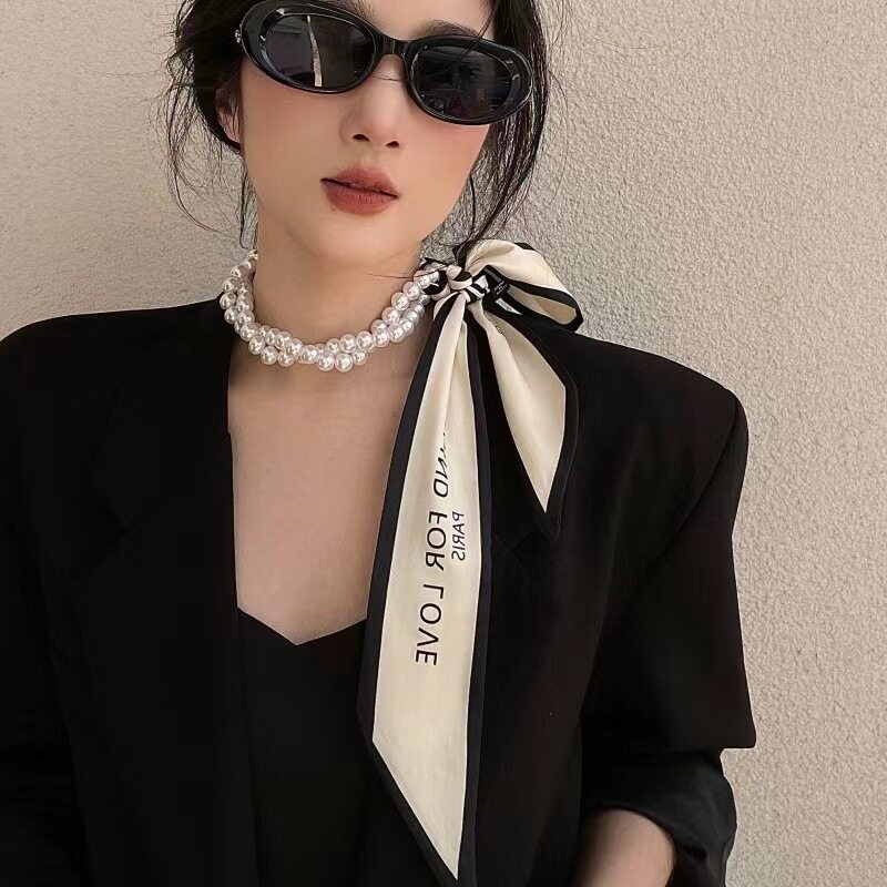 珍珠丝巾女项链领巾气质高级感懒人小众锁骨装饰丝巾小护颈