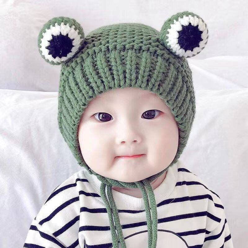 婴儿帽子青蛙冬季加绒加厚宝宝婴幼儿男童毛线针织帽秋冬保暖超萌