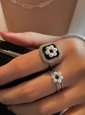 韩版珍珠花朵食指复古款戒指女ins轻奢小众开口可调节2023年新款