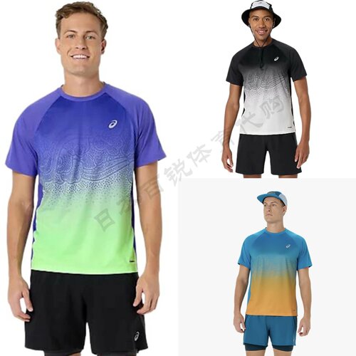 日本正品ASICS亚瑟士男士时尚渐变跑步服吸汗速干运动跑步T恤代购