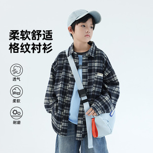 2026春夏新款熊猫圆圆男童格子衬衫 中大童休闲宽松衬衣薄外套潮