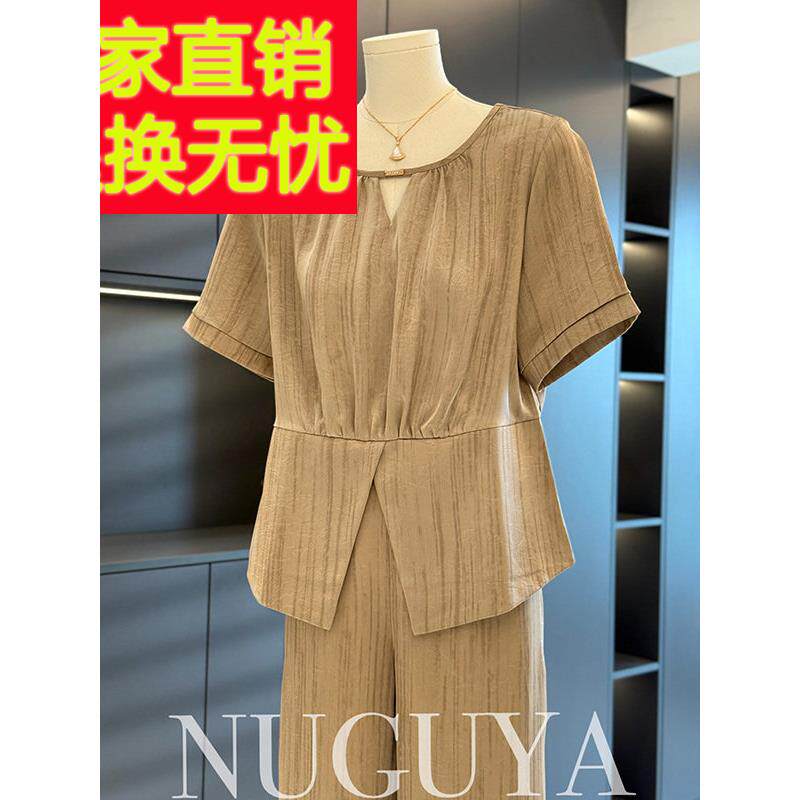 时尚洋气妈妈装短袖套装女雪纺夏装新款气质百搭显瘦中老年两件套