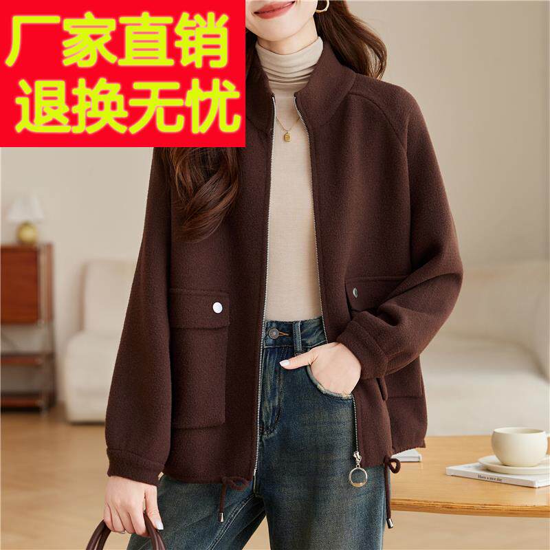 咖色毛呢卫衣外套女春秋2025新款拉链开衫短款加厚棒球服宽松夹克