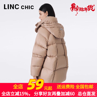 LINC金羽杰2023秋冬新品量感连帽中长款面包服羽绒服女Y23802221