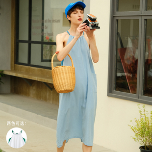 ECRU SOLI 素白已然 夏 度假感 挂脖撞色清凉宽松天丝长裙连衣裙