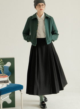 ECRU SOLI 素白已然 北欧高级感 暗黑少女 黑色羊毛压褶长裙