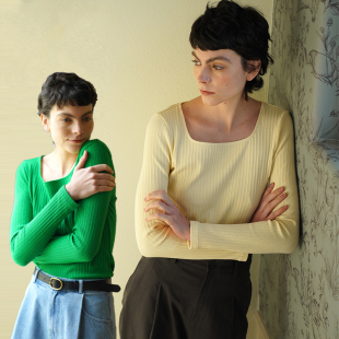 ECRU SOLI 素白已然 春 法式简约 翠绿/奶黄 坑条方领优雅长袖T恤