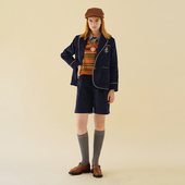 SOLI 素白已然 秋冬英伦复古学院风 ECRU 拼接条纹藏青灯芯绒短裤