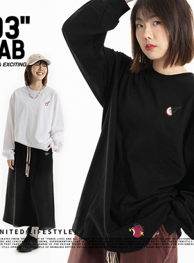 青岛03零叁 日系胸前刺绣女纯棉小领口纯色基础宽松打底衫长袖T恤