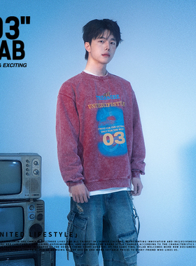 青岛03零叁 美式复古水洗做旧圆领卫衣男女宽松休闲百搭情侣上衣