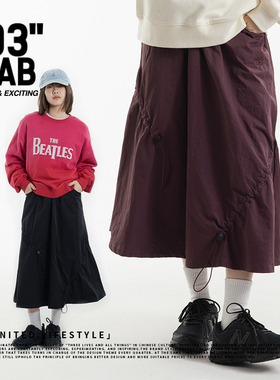 青岛03零叁 日系运动休闲户外宽松纯色防水抽绳褶皱工装露营A字裙