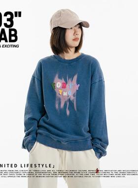 青岛03零叁 日系复古做旧水洗印花彩色贴布ins宽松套头圆领卫衣