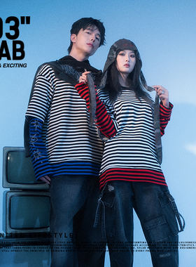 青岛03零叁 美式复古条纹假两件长袖T恤男女宽松休闲情侣上衣