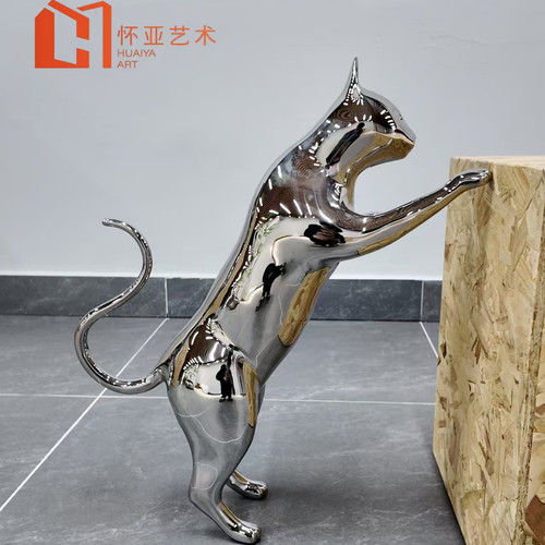 镜面不锈钢小猫雕塑抽象艺术品田园定制装饰落地摆件客厅轻奢高档