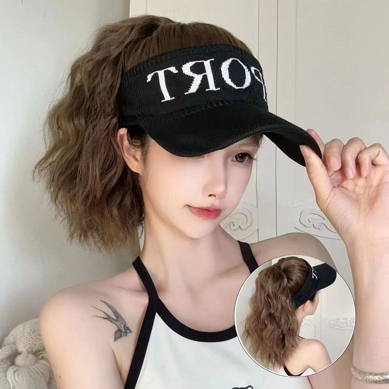 帽子一体假头发女时尚SPORT帽子遮阳防晒空顶帽长卷发百搭全头套