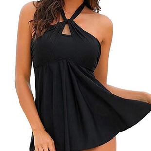 欧美吊带泳衣女款 遮肉显瘦纯色连体泳衣 性感挂脖抹胸两穿泳装