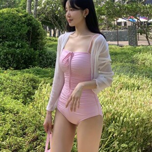 显瘦温泉泳 连体泳衣女抽褶双肩带感遮肉修身 新款 韩国纯色时尚