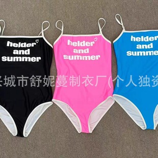 连体泳衣女纯欲遮肉显瘦性感字母胶印吊带泳装 韩国ins风温泉度假