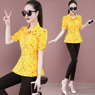 短袖 韩版 时尚 女夏季 洋气上衣女衬衣 女装 新款 显瘦大码 印花衬衫 修身