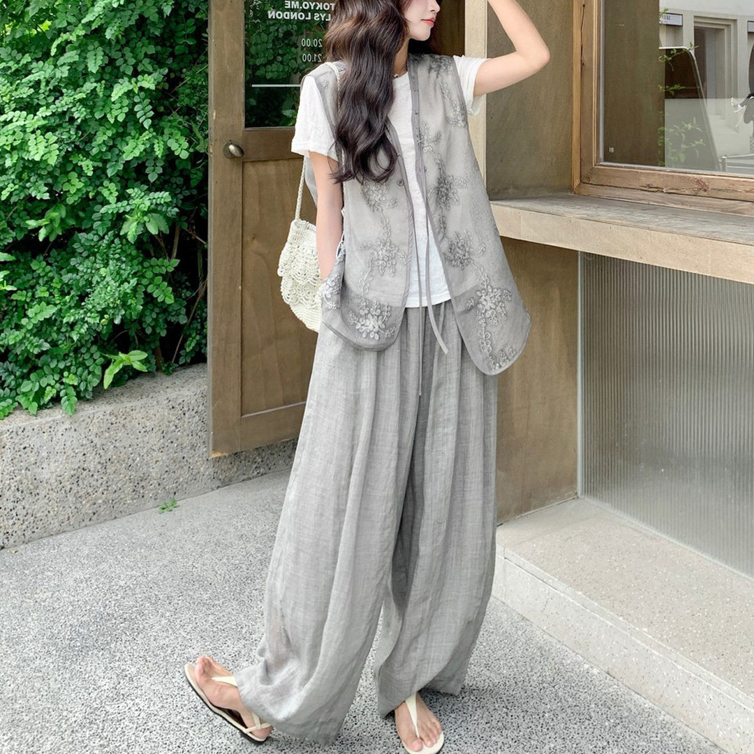 新中式刺绣马甲T恤阔腿裤三件套女2026夏季新款老钱风松弛感套装