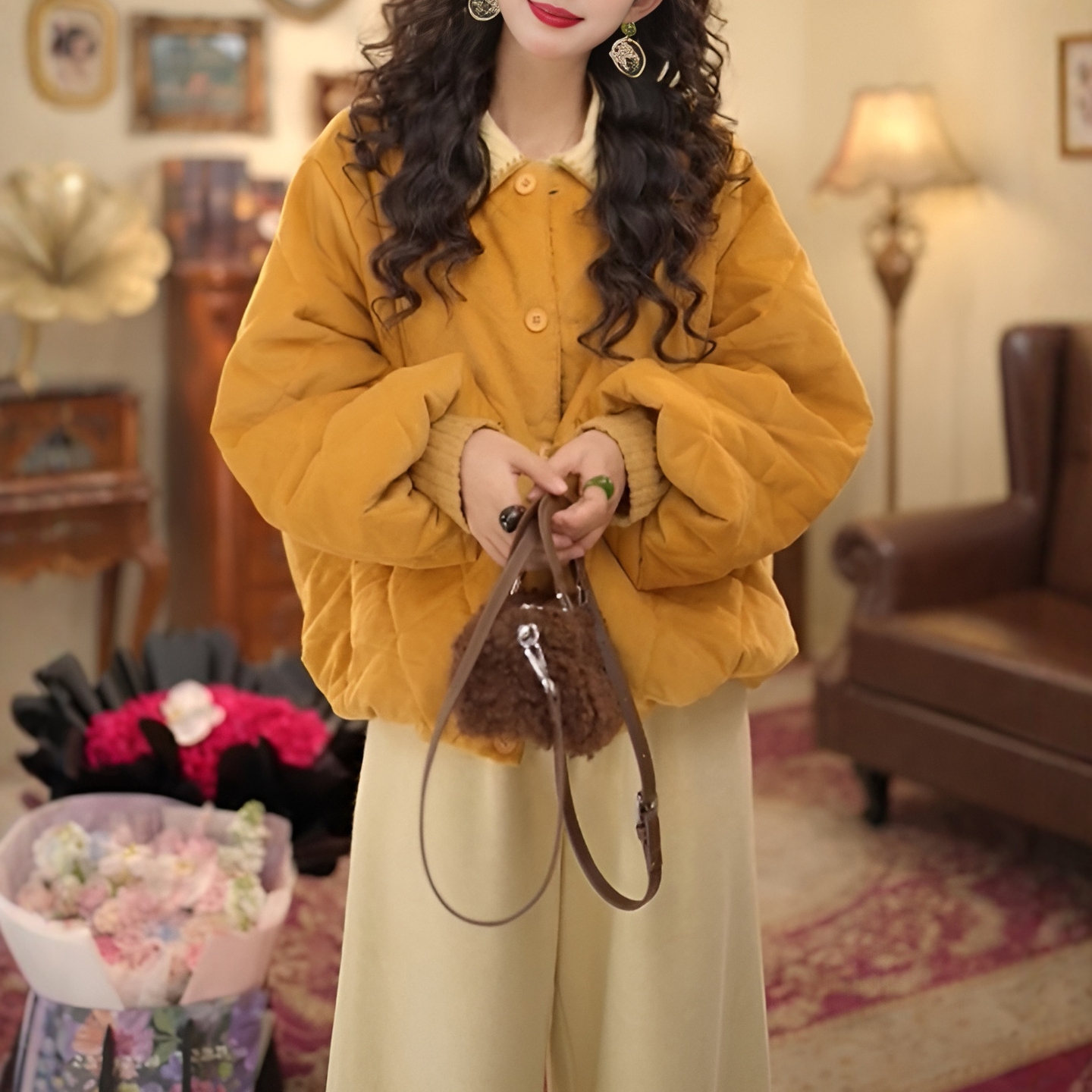 冬季加厚保暖圆领菱格棉服