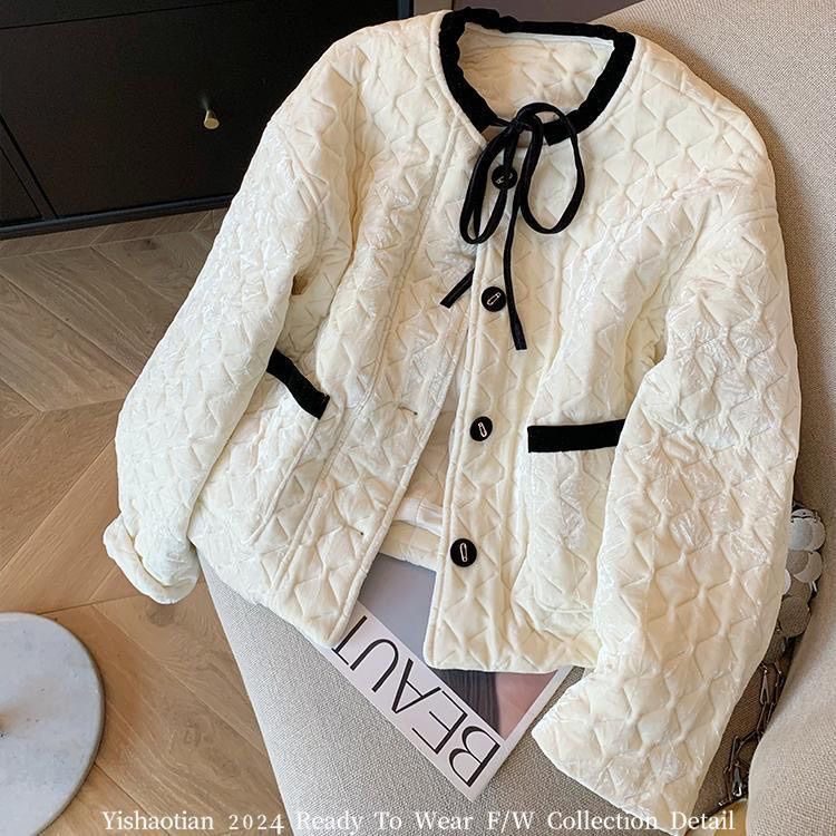 气质丝绒菱形格小香风短款棉服女秋冬时尚洋气轻薄款保暖夹棉上衣