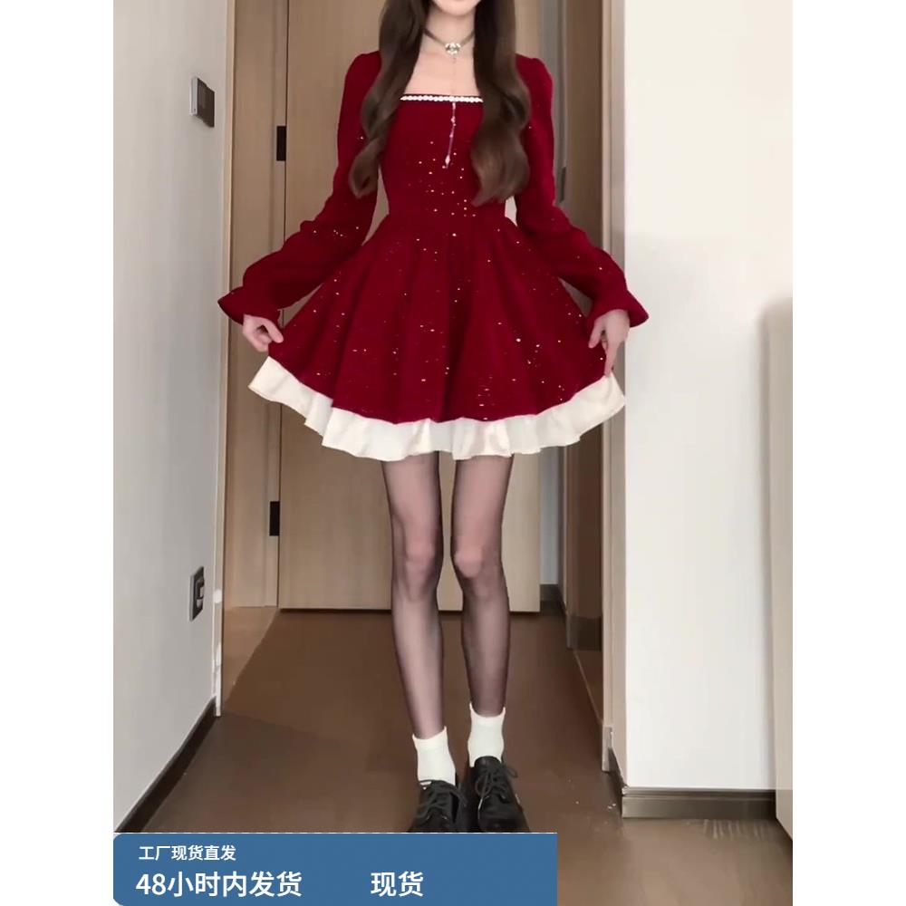 气质红色圣诞方领连衣裙女新款秋冬高级感甜美收腰公主蓬蓬裙礼服