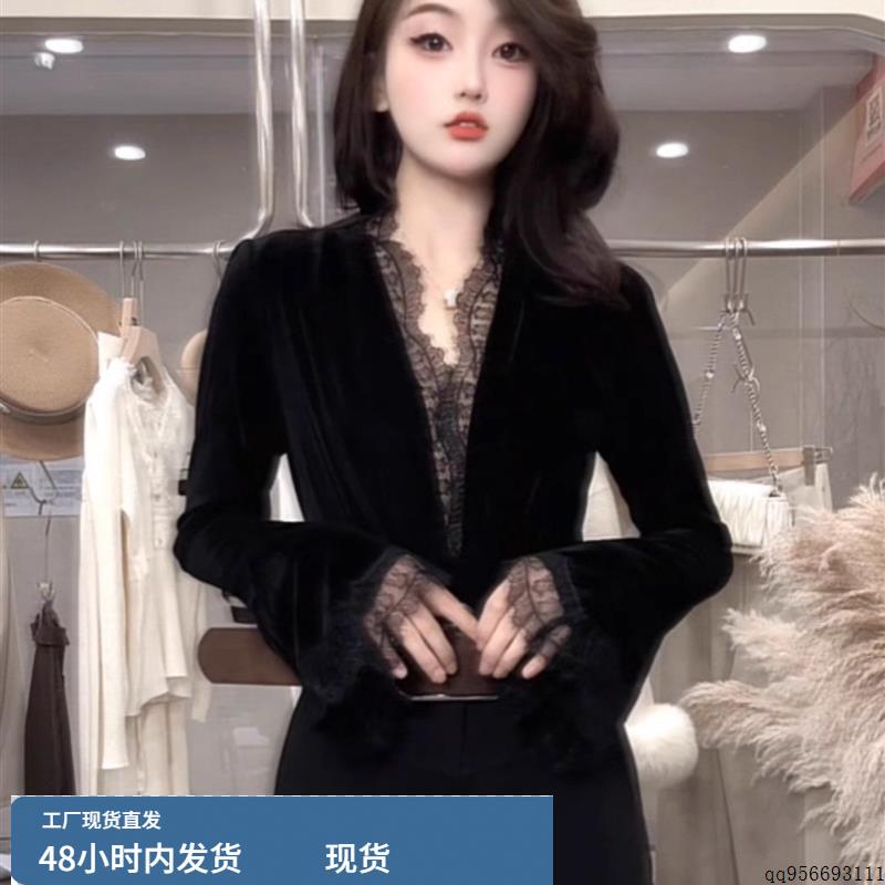 法式气质V领蕾丝拼接长袖T恤女2025秋季洋气高级感修身打底衫上衣