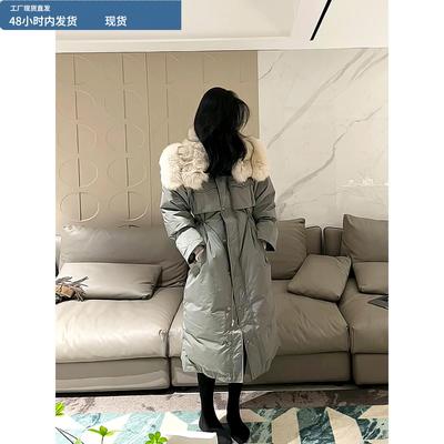 宽松羽绒服女款冬季中长版2025新款彷狐狸大毛领收腰90白鸭绒外套