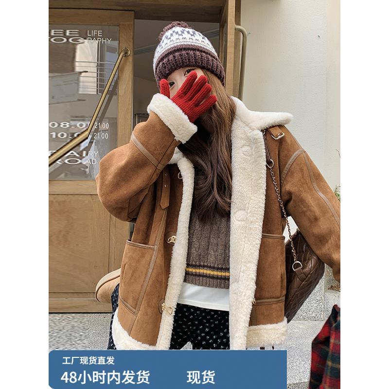 咖色麂皮绒外套女冬季2025独特超火巨好看高级感加绒加厚皮毛一体