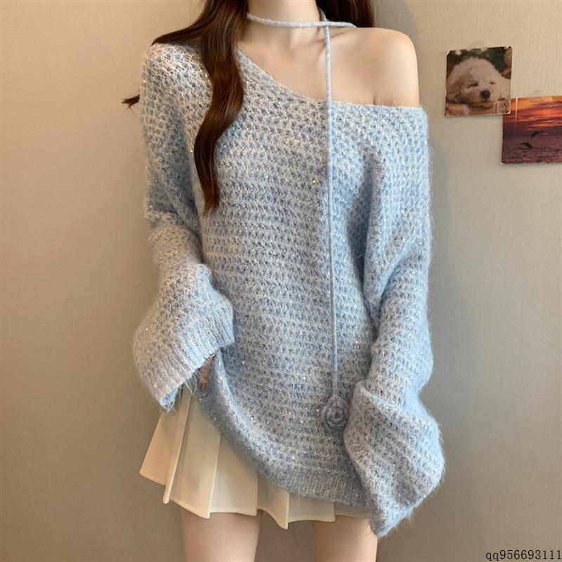 蓝色飘带挂脖慵懒亮片针织衫毛衣女秋冬大码胖mm高级感巨好看上衣