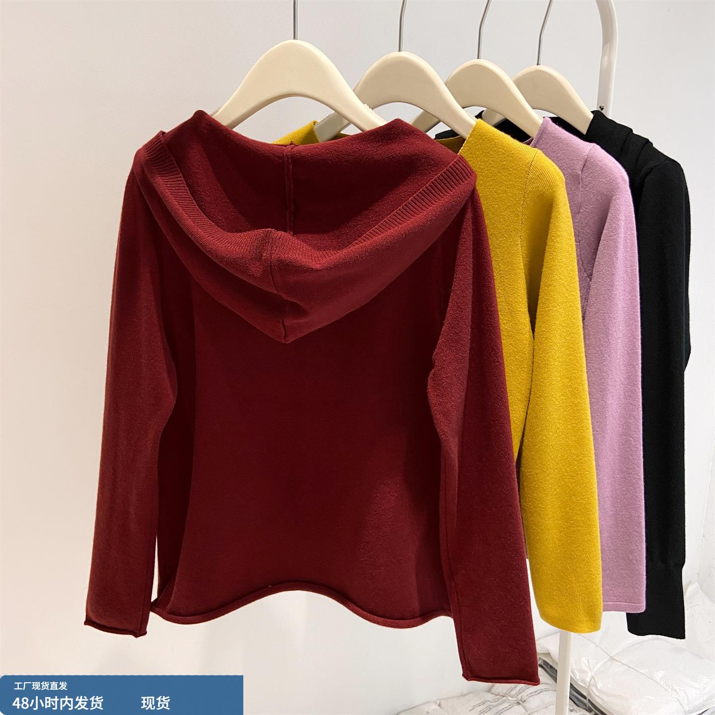 休闲风连帽长袖针织衫女春秋冬百搭宽松欧货纽扣开衫外套内搭上衣