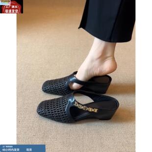 凉拖 女夏外穿透气凉鞋 羊皮版 真皮小个子内增高7cm镂空包头半拖鞋