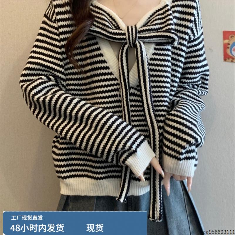大码女装慵懒风蝴蝶结V领条纹露背针织衫女秋冬胖MM宽松显瘦上衣