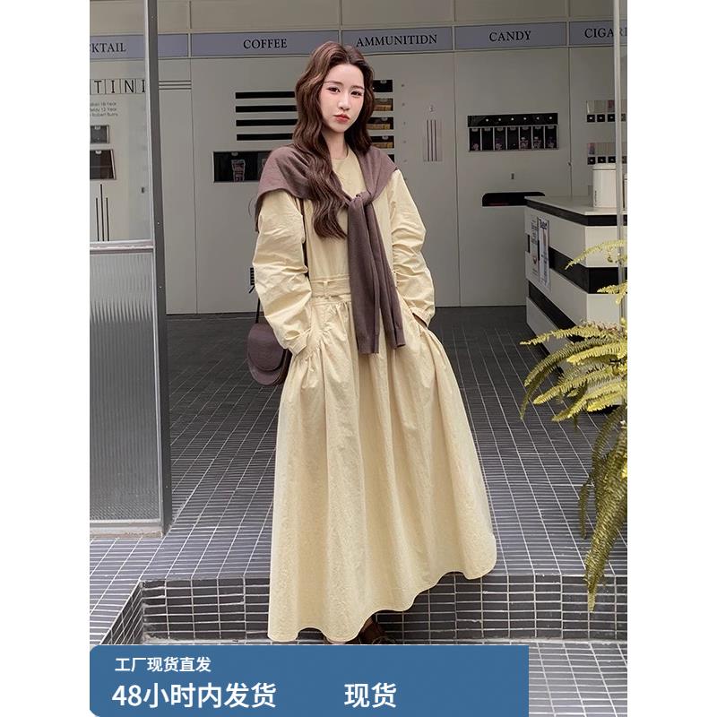 卡其色长袖连衣裙女早春秋季2025今年流行漂亮独特法式茶歇长裙子