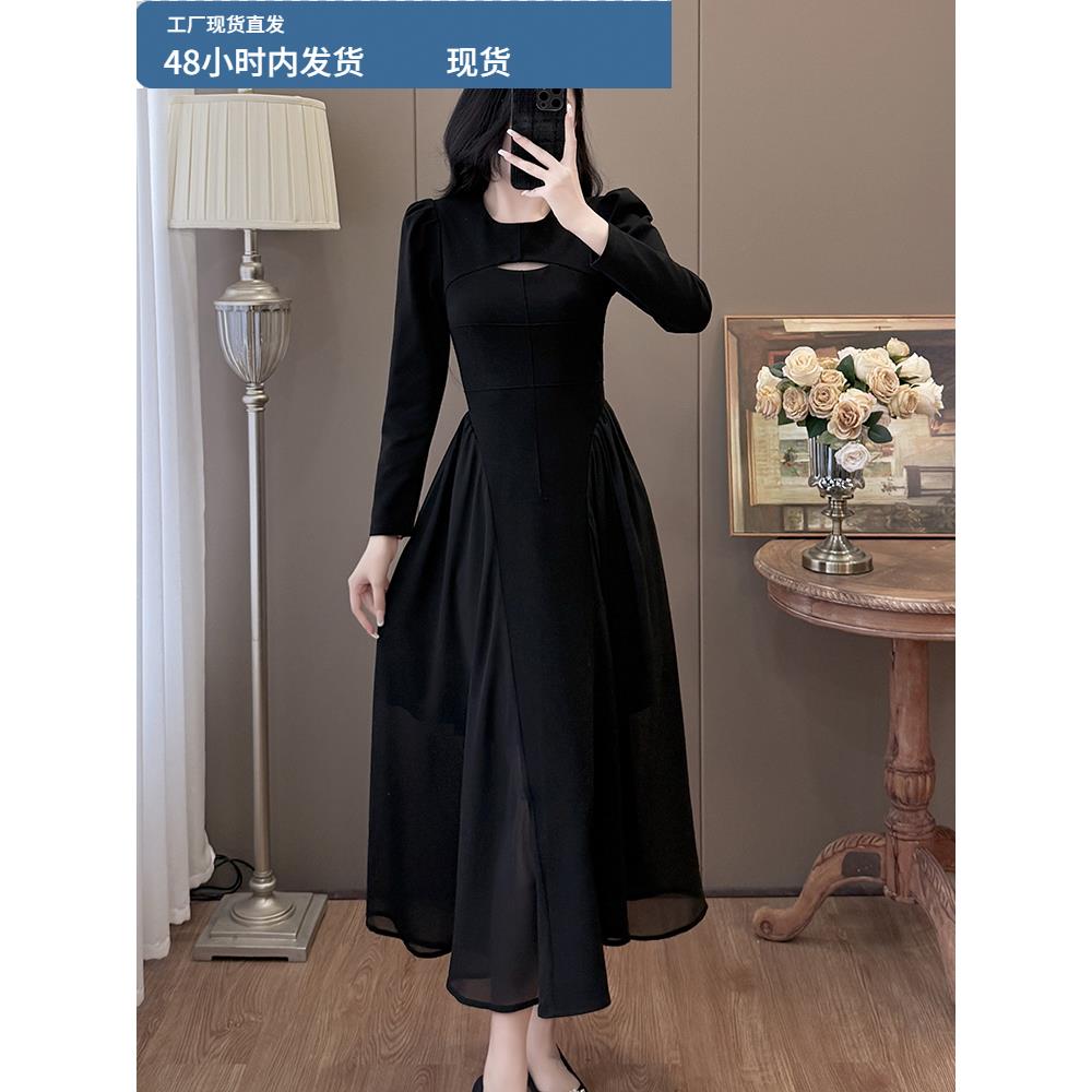 法式拼接设计感长袖连衣裙女秋装2025秋季新款气质显瘦大摆长裙子