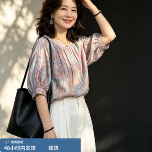 欧货大码民族风扎染雪纺短袖衬衫女夏季洋气减龄独特漂亮小衫上衣