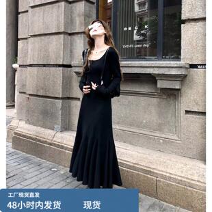长袖针织洋装女2025秋冬内搭长版鱼尾裙收腰显瘦高级感打底裙子