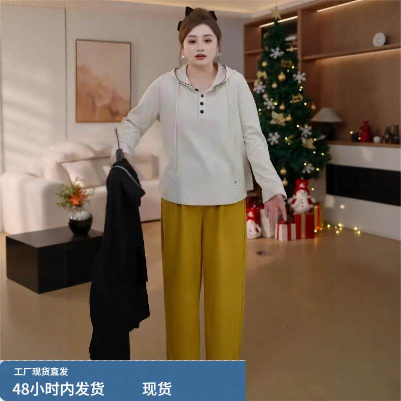 大码法式慵懒风连帽宽松卫衣女冬季微胖mm显瘦百搭设计感时尚上衣