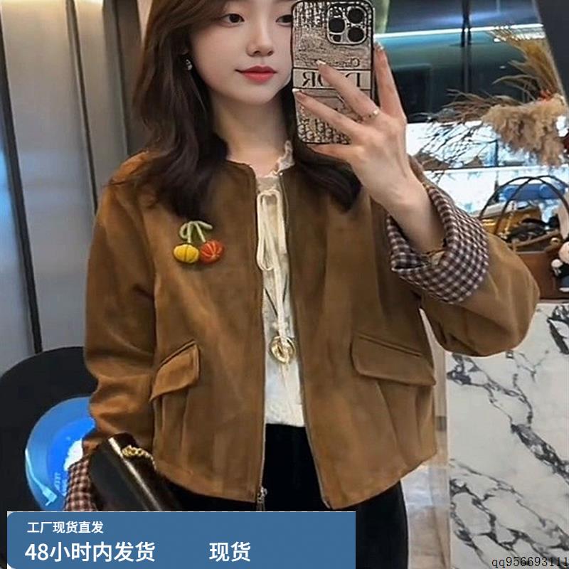韩版时尚百搭宽松显瘦鹿皮绒格子拼接短外套女2025秋季新款休闲潮