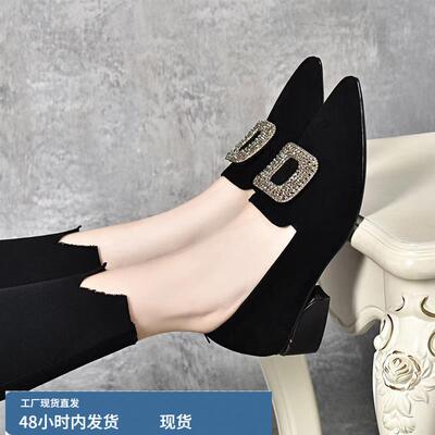 水钻方扣粗跟羊皮深口单鞋女2025秋季时尚气质磨砂绒面中跟时装鞋