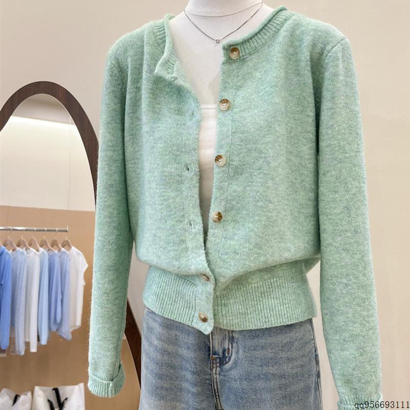 欧货绿色圆领毛衣开衫外套女秋冬慵懒高级感浣熊绒宽松软糯针织衫