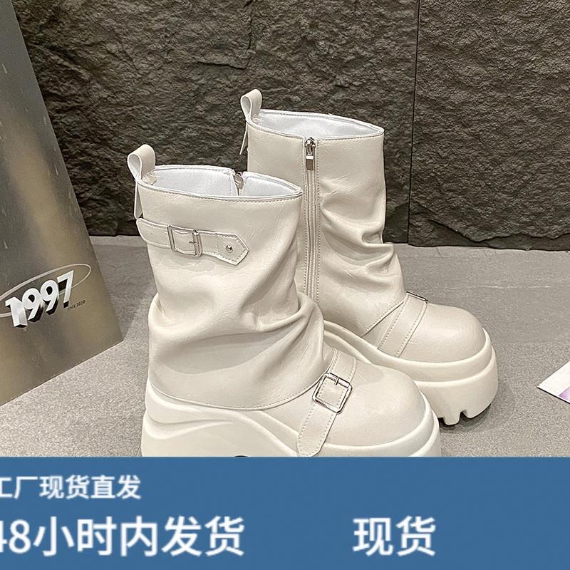 10cm增高厚底裤管靴女2025新款秋季时尚皮带扣马丁靴松糕堆堆短靴