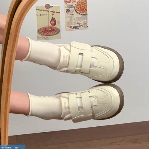 软羊皮~白色德训鞋女2025夏季新款魔术贴厚底板鞋运动休闲小白鞋