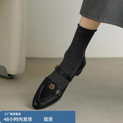 黑色法式粗跟玛丽珍单鞋女秋中跟真皮袜子配小皮鞋不累脚高跟鞋