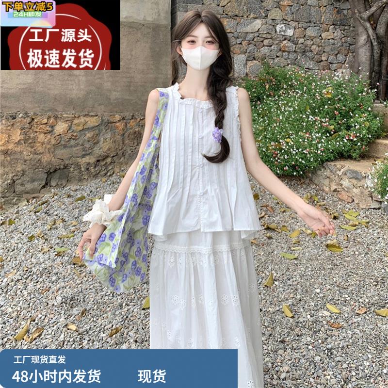 短款无袖棉麻上衣女夏日多巴胺亚麻套装法式小资娃娃衫小个子衬衫