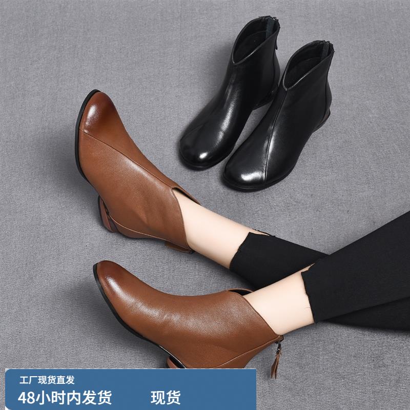 2023秋冬新款真皮软牛皮短靴女圆头皮鞋低跟加绒马丁靴卡芙妮女鞋