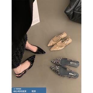 采购产品尖头高跟鞋，法式亮片凉鞋，秋夏黑色高跟凉鞋，晚装平底