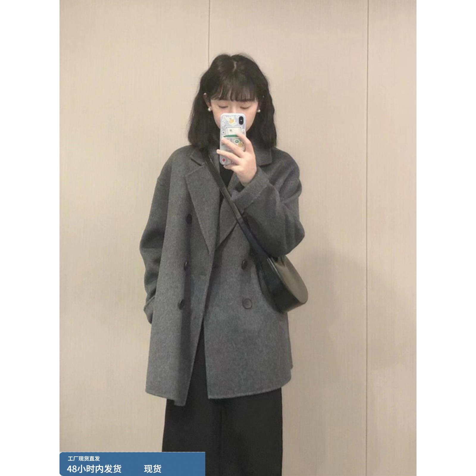 韩系灰色西装呢子大衣女2024年秋冬季新款毛呢外套冬天小个子短款